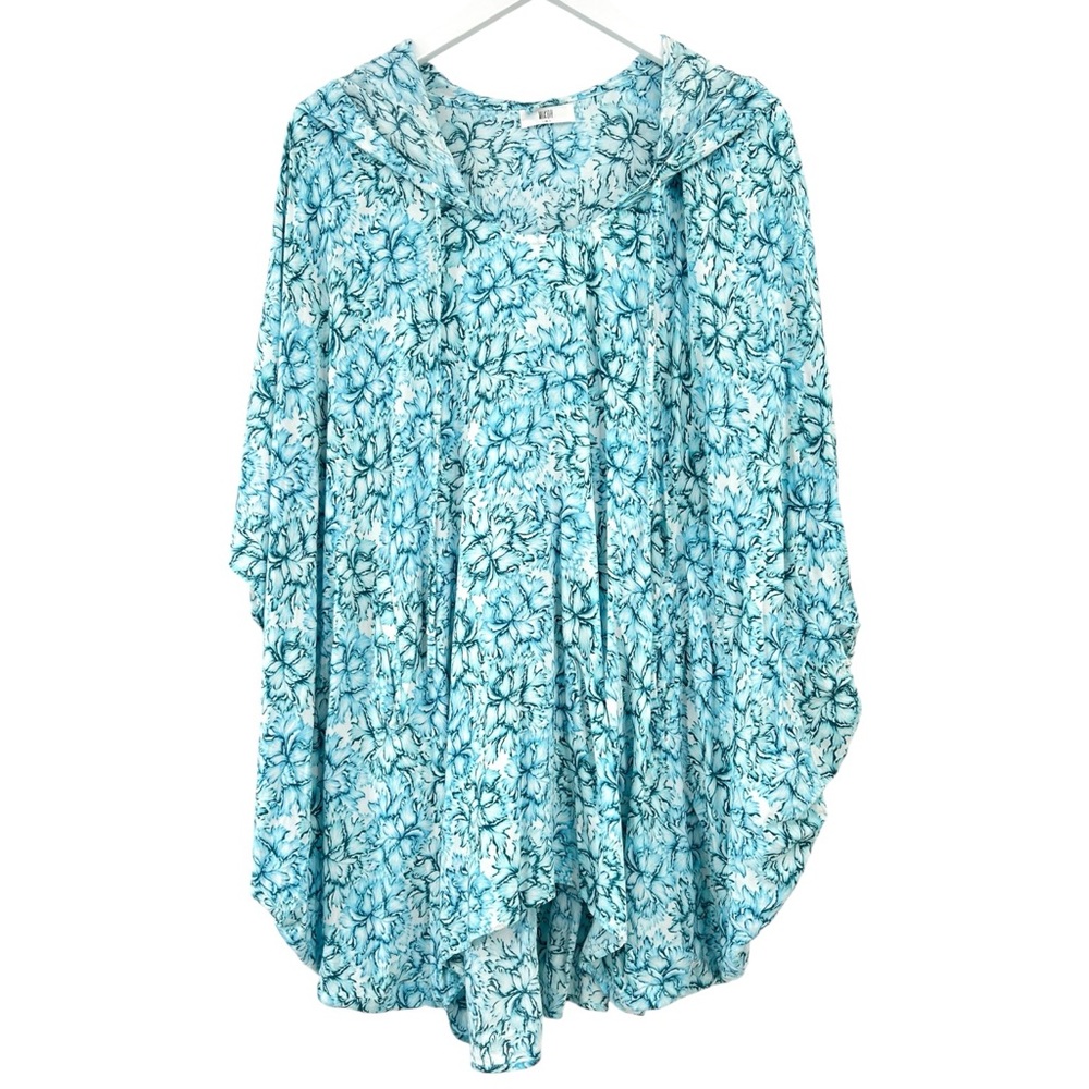 MIKOH Blue & White Floral Relaxed Loose Fit Hooded Cover Up Tunic Top